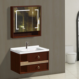 001h 800长陶瓷盆平盆多多层实木浴室柜吊柜智能镜镜卡米尔红新中式